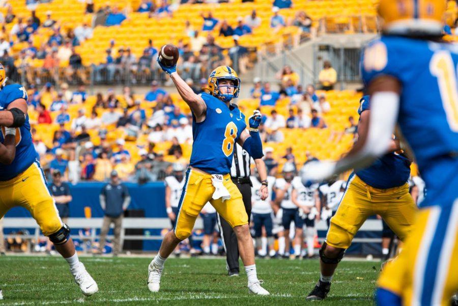 Kenny Pickett (8) throws the ball during the Pitt vs. UNH game on Sept. 25 at Heinz Field.