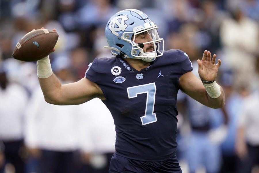 Quarterback+Sam+Howell%2C+pictured%2C+and+the+UNC+Tar+Heels+will+come+to+Heinz+Field+to+take+on+the+Panthers+on+Thursday+evening.