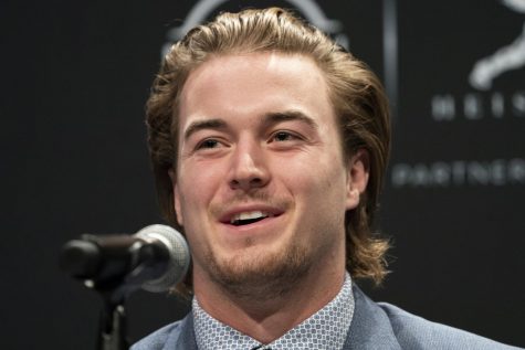 Heisman Trophy finalist Pittsburgh quarterback Kenny Pickett speaks during a news conference before attending the Heisman Trophy award ceremony, Saturday, Dec. 11, 2021, in New York.