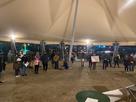 A crowd gathered under the tent at Schenley Plaza at a rally for abortion rights on Wednesday evening. 
