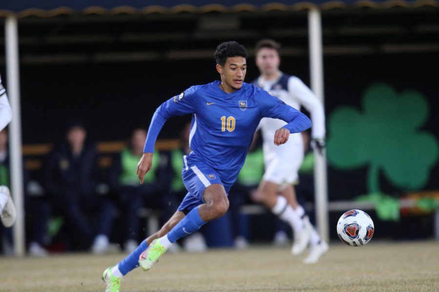 Pitt sophomore forward Bertin Jacquesson (10) kicks the ball down the field during Saturday evening’s game against the University of Notre Dame at Alumni Soccer Stadium in South Bend, Indiana.
