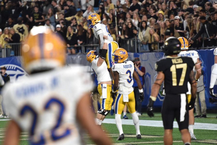 Pitt Panthers celebrate during the first half of Saturday evening’s ACC Championship game against Wake Forest University at the Bank of America Stadium in Charlotte, North Carolina. 
