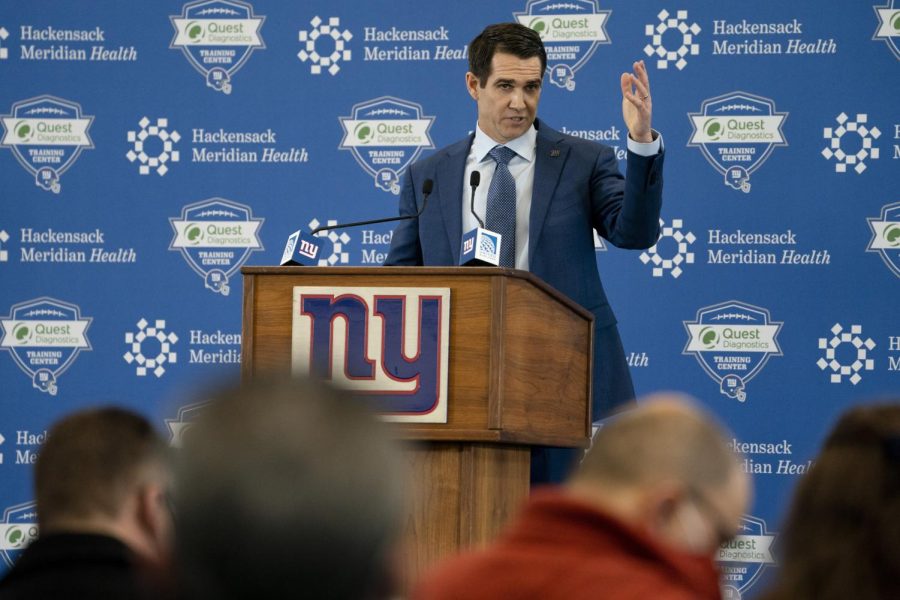 Joe Schoen, the new New York Giants general manager, speaks during a news conference at the Giant’s training facility in East Rutherford, New York on Wednesday. 
