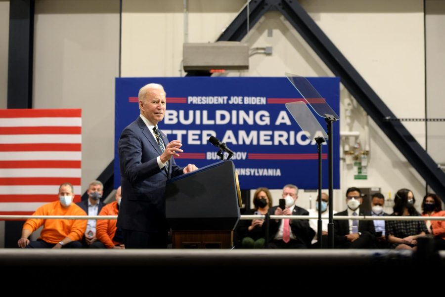 President Joe Biden speaks on Friday at Carnegie Mellon University’s Mill 19 to tout his administration’s investment in infrastructure. 