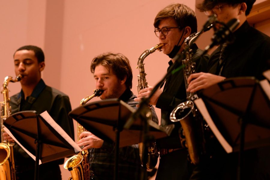 Saxophone players in Pitt’s student Jazz Ensemble during their Monday night performance.