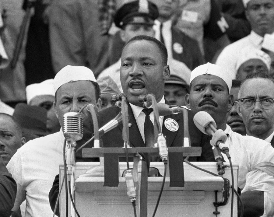 Martin Luther King Jr. addresses marchers during his I Have a Dream speech at the Lincoln Memorial in Washington on Aug. 28, 1963.