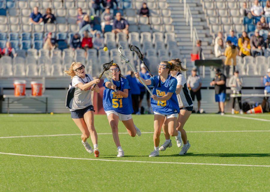 Pitt+lacrosse+players+Dylana+Williams+%2851%29+and+Talia+Zuco+%2819%29+fight+for+the+ball+during+the+team%E2%80%99s+September+playday+against+Duquesne+at+Highmark+Stadium.