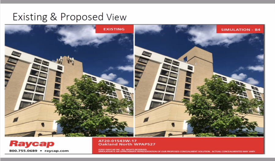 A slide that shows side-by-side images of existing (right) and proposed views (left) of wireless antennas on the Wyndham Hotel on Lytton Avenue at Tuesday’s Development Activities Meeting. 