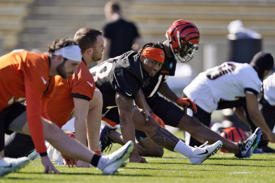 Cincinnati Bengals players including Joe Mixon, center, warm up during practice on Wednesday, in Los Angeles, California, for Sunday’s Super Bowl game. 