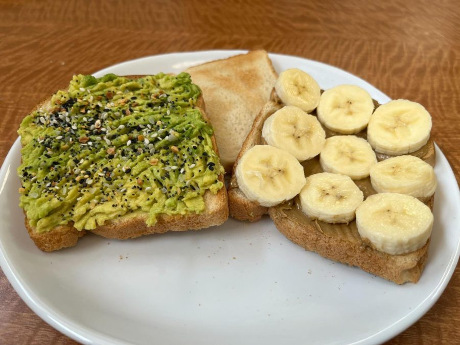 Avocado toast (left) and banana and peanut butter toast (right).