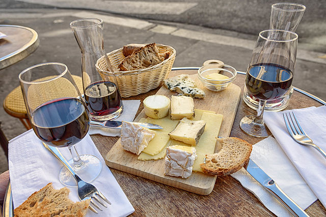 Cheese, wine and bread in Paris.