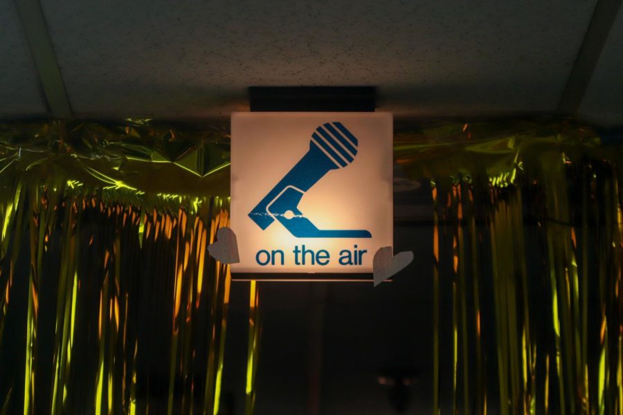 An “on the air” sign in the WPTS radio station. 