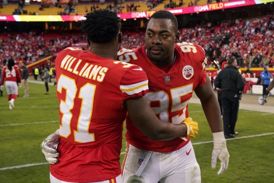 ​​Kansas City Chiefs running back Darrel Williams (31) walks off the field with teammate Chris Jones (95) at the end of the AFC championship NFL football game against the Cincinnati Bengals, Sunday, Jan. 30, 2022, in Kansas City, Missouri. The Bengals won 27-24 in overtime. 