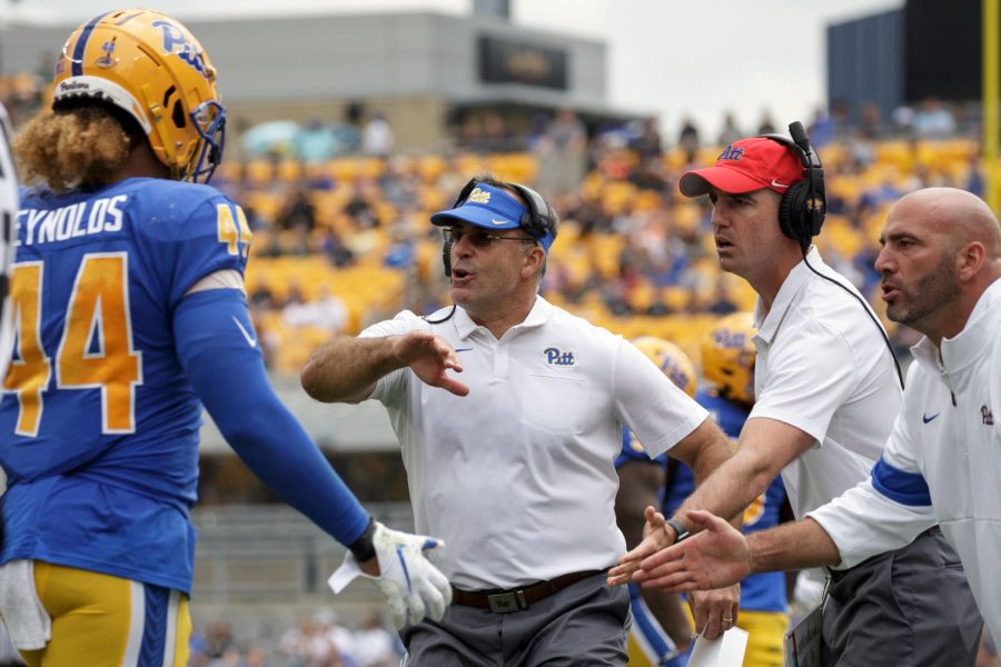 Pat Narduzzi’s coaches at a game against the University of Delaware’s on Sept. 21, 2019. 