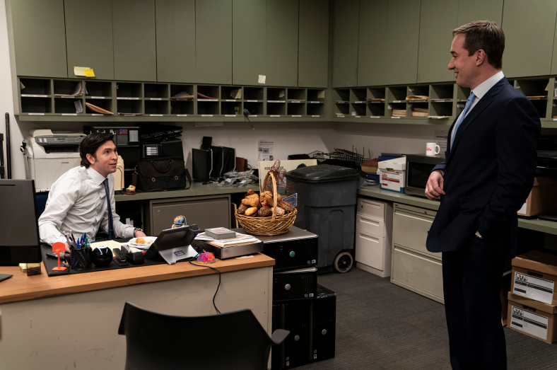 Nicholas Braun playing Greg Hirsch, left, and Matthew Macfadyen playing Tom Wambsgans  in season 3, episode 4 of “Succession.” 
