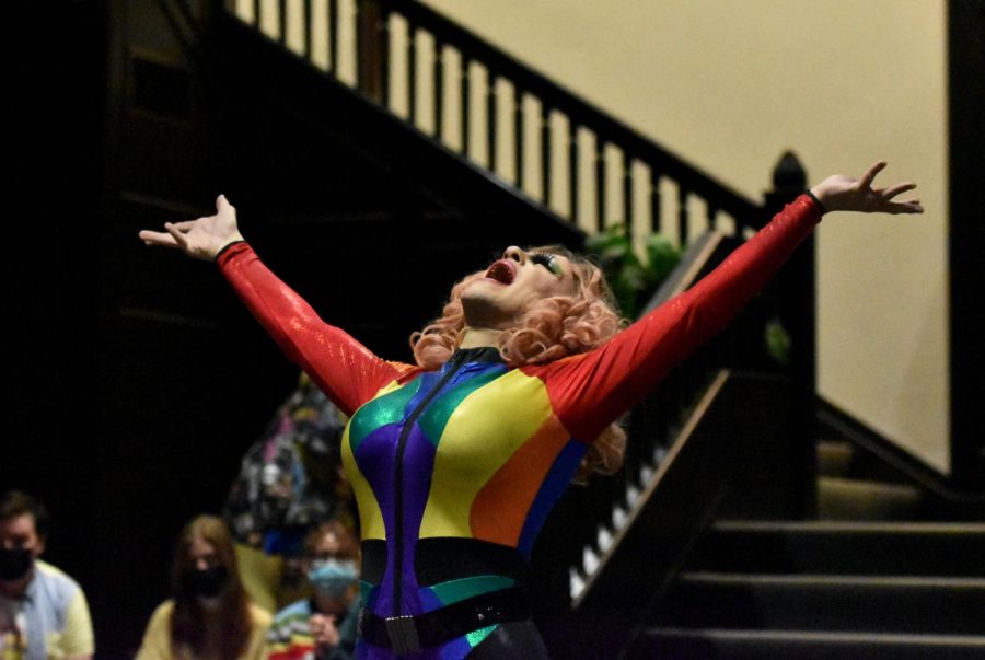 Stevie Dicks performs at Rainbow Alliance’s 20th annual “Panther Drag” show at the O’Hara Student Center on Saturday night. 
