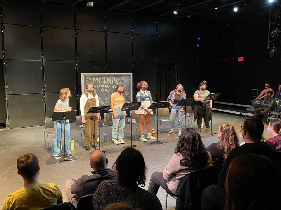 Pitt students perform a reading of Kelly Trumbull’s “Morning Reckoning” at the Richard E. Rauh Studio Theatre on Saturday night. 
