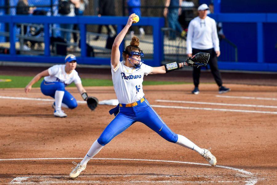 Pitt+redshirt+first-year+pitcher+Dani+Drogemuller+%2816%29+pitches+at+Wednesday%E2%80%99s+game+against+Penn+State+Vartabedian+Field+in+the+Petersen+Sports+Complex.+