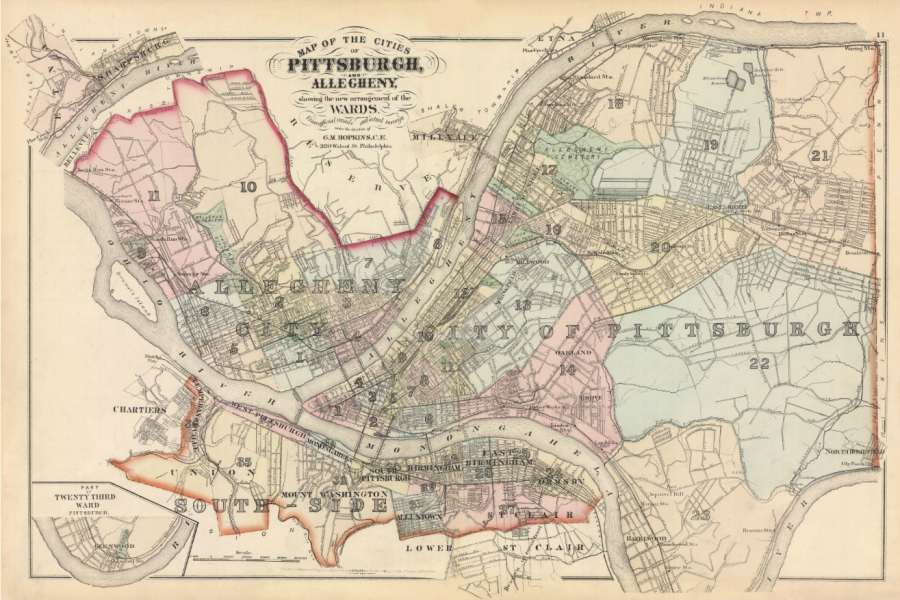 A map of the cities of Pittsburgh and Allegheny from 1872 showing the new arrangement of wards. 
