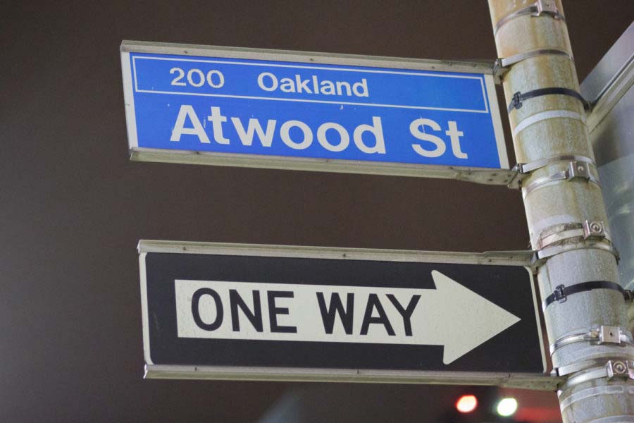 The street sign for Atwood Street in Oakland.