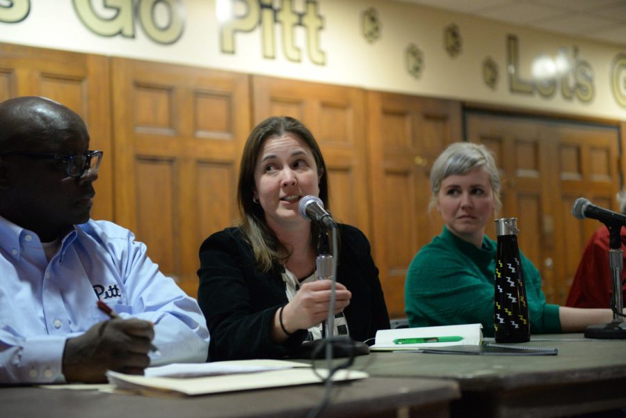 Aurora Sharrard, Pitt’s sustainability director, speaks at a 2019 town hall hosted by Student Government Board.