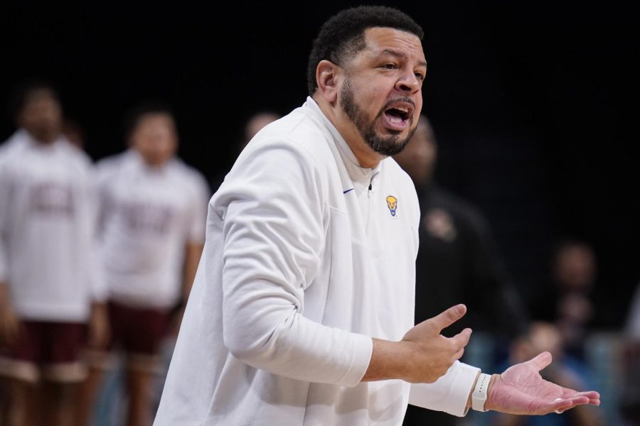 Pittsburgh head coach Jeff Capel works the bench during the first half of an NCAA college basketball game against Boston College of the Atlantic Coast Conference mens tournament, Tuesday, March 8, 2022, in New York.