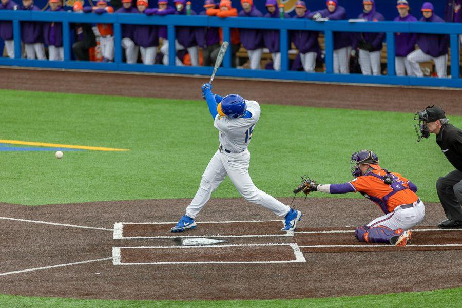 Bryce Hullett swings the bat during a men’s baseball game versus Clemson on Friday.