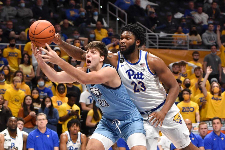Citadel sophomore forward Owen Spencer (23), left, and Pitt sophomore forward John Hugley (23) attempt to catch a rebound on Tuesday, Nov. 9, 2021 at the Petersen Events Center. 
