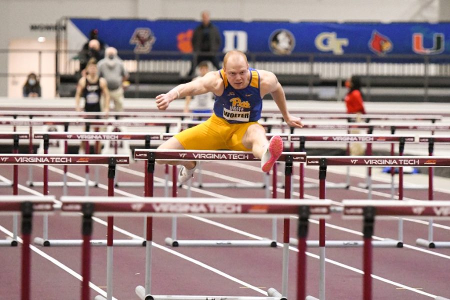 Pitt’s Felix Wolter jumps over hurdles in the ACC Indoor Championships at Virginia Tech on Feb. 26.