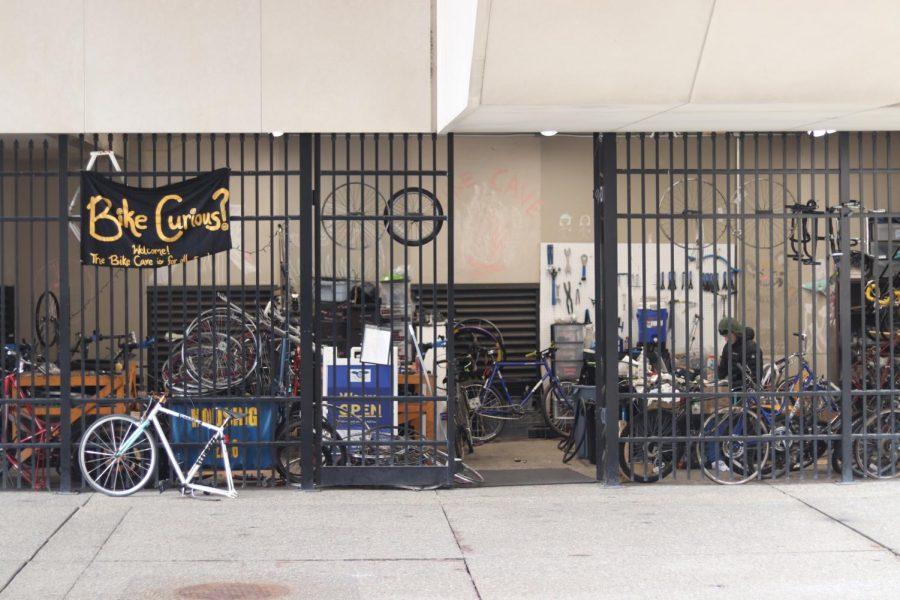 The Pitt Bike Cave is located in between Posvar and David Lawrence Halls.