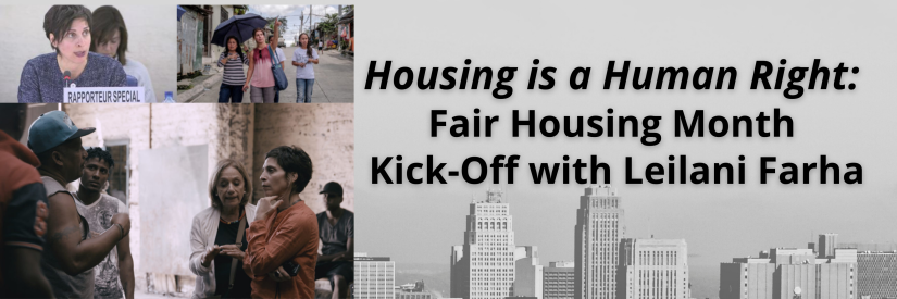 An advertisement for a Pitt Global Studies Center event with guest speaker Leilani Farha for  Pitt’s Fair Housing Month initiatives