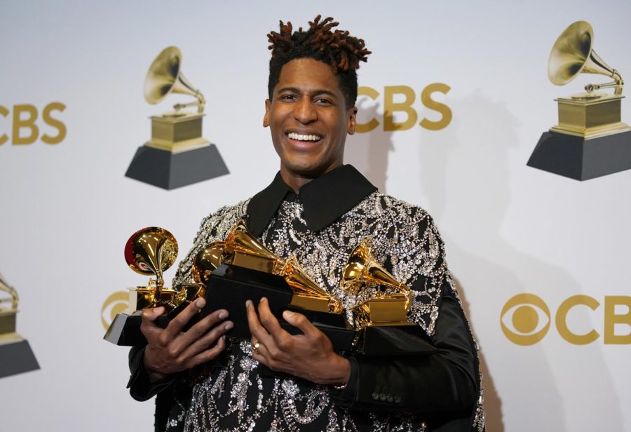 Jon Batiste poses in the press room at the 64th Annual Grammy Awards at the MGM Grand Garden Arena on Sunday in Las Vegas. 