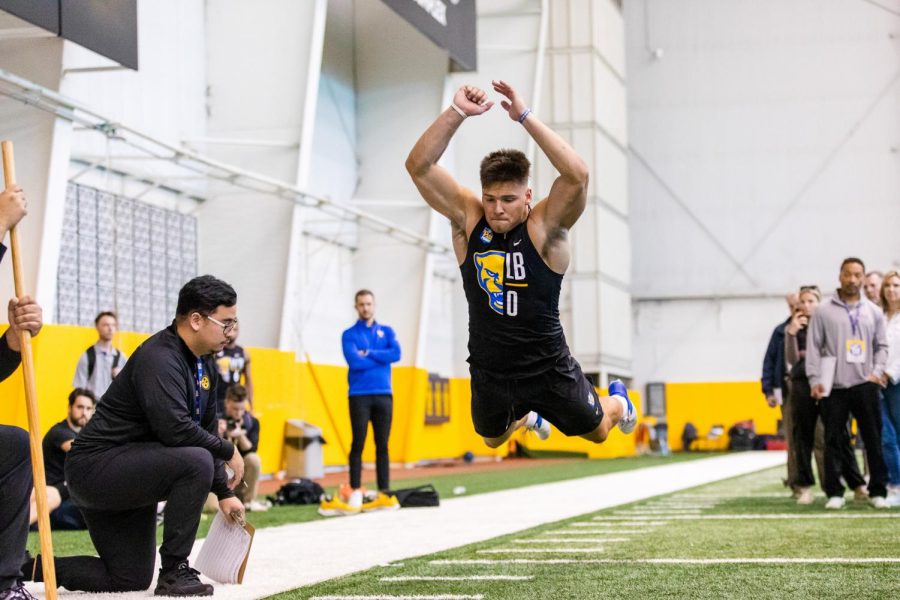 Former Pitt linebacker John Petrishen participated in the broad jump at NFL Pro Day on March 21.
