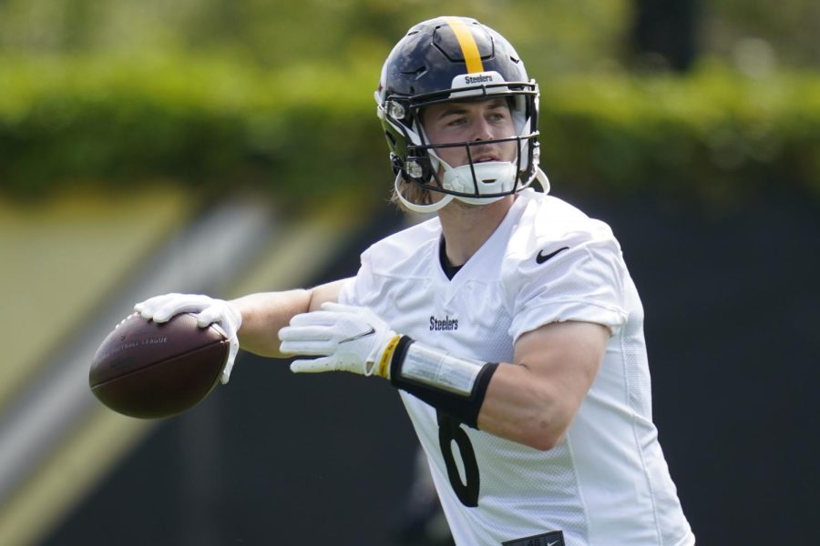 Pittsburgh Steelers quarterback Kenny Pickett participates in drills during an NFL football practice on Tuesday.