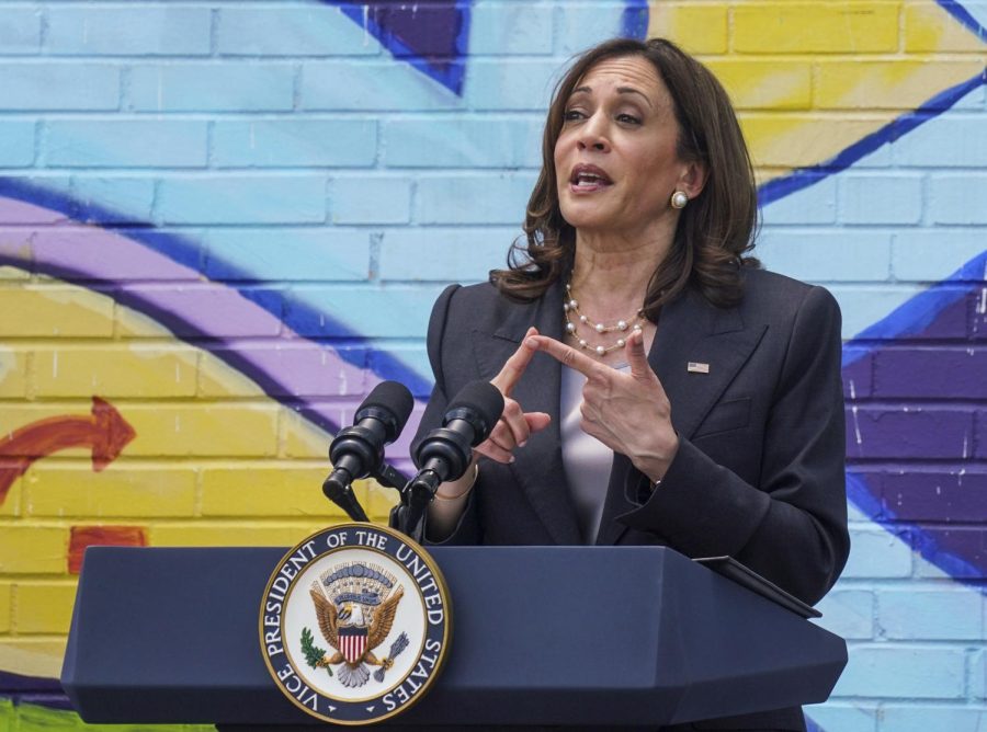 Vice President Kamala Harris speaks about infrastructure spending while visiting the Community Empowerment Association on Kelly Street in Homewood on Friday. 
