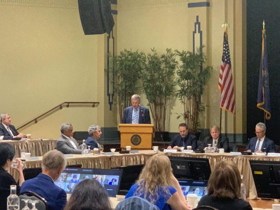 Chancellor Patrick Gallagher at Pitts annual Board of Trustees meeting on Friday in the William Pitt Union Assembly Room.