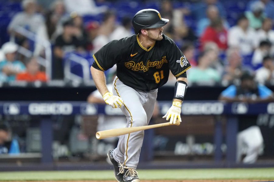 Pittsburgh Pirates Jason Delay (61) runs after batting during the fifth inning of a baseball game on Tuesday in Miami. 
