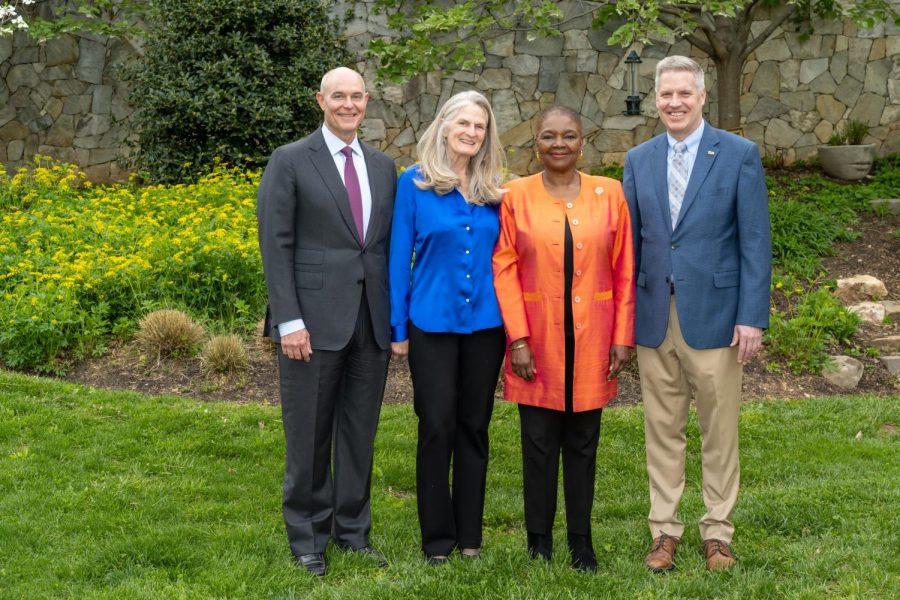 From left, Frederick, Lynn, Baroness Valerie Amos, Master of University College (Oxford), and Pitt Chancellor Patrick Gallagher.