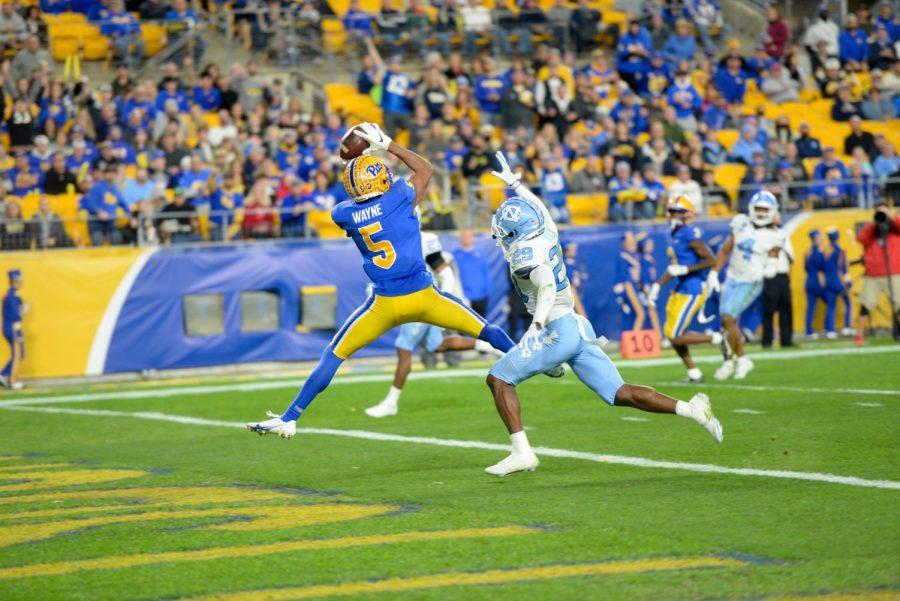 Pitt senior wide receiver Jared Wayne (5) catches the ball in the endzone during a game against UNC in 2021.
