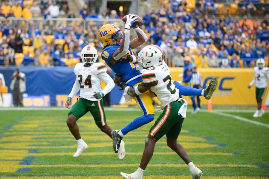 Pitt junior wide receiver Jaylon Barden (10) catches the ball in the Pitt endzone during a game against Miami in 2021.
