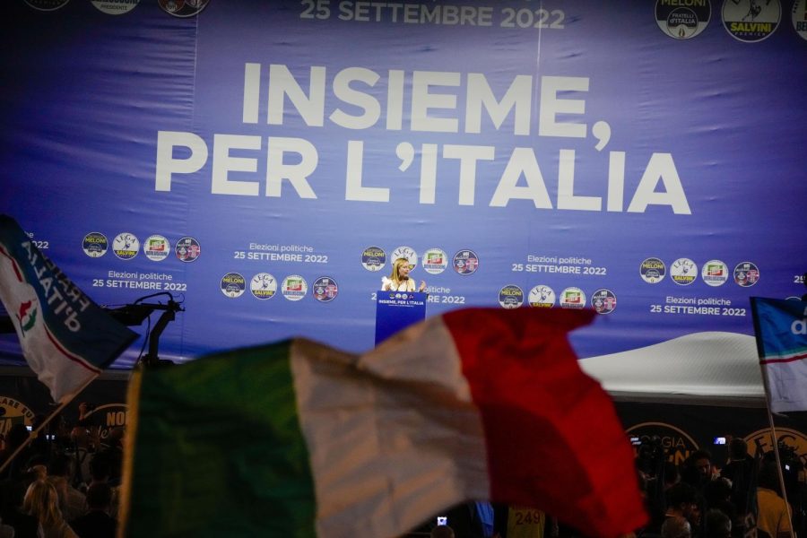 Brothers of Italy's Giorgia Meloni speaks during the center-right coalition closing rally in Rome on Thursday.
