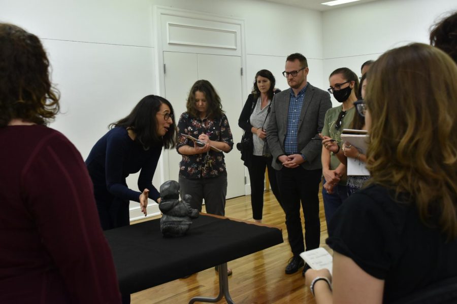 Sylvia Rhor Samneigo, a senior lecturer in the History of Art and Architecture Department and UAG director and curator, leads the ‘Object Lesson: Inuit Sculpture’ event Tuesday evening.