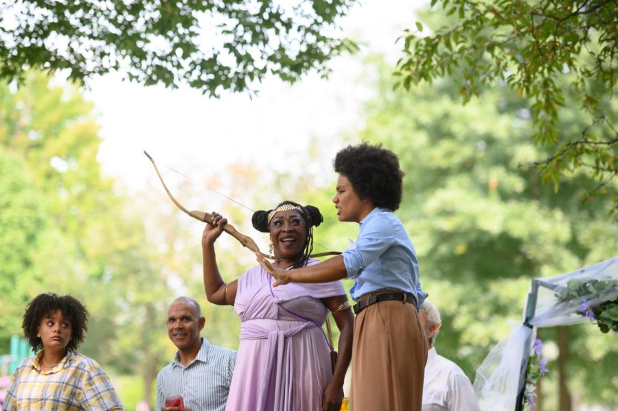 Tracey Turner, left, plays Hippolyta alongside Jalina McClarin who plays Theseus in PSiP’s production of “A Midsummer Night’s Dream” in Westinghouse Park in Homewood Saturday. 
