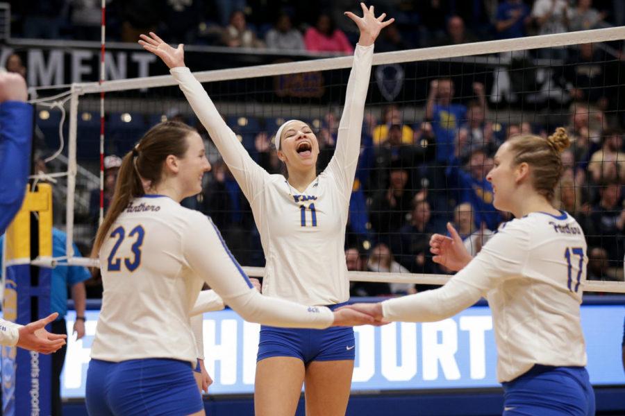 Graduate+middle+blocker+Sabrina+Starks+%2811%29+celebrates+after+beating+Howard+in+the+first+round+of+the+NCAA+volleyball+tournament+in+2019.