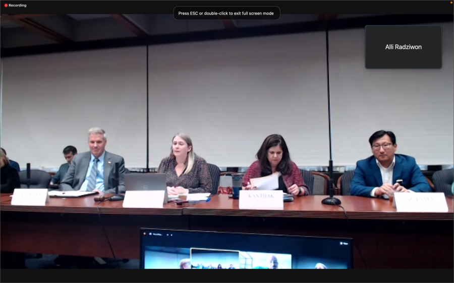 From left, Patrick Gallagher, Robin Kear, Kristin Kanthak and Joe Suyama at Thursday’s Senate Council meeting.
