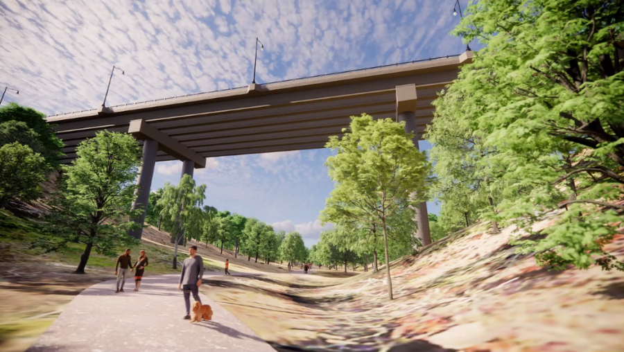 A proposed view from the Frick Park Trail of the new Fern Hollow Bridge shown at Squirrel Hill Urban Coalition’s community meeting on Tuesday. 
