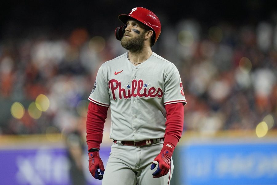 Philadelphia Phillies Bryce Harper walks to the dugout after striking out during the first inning in Game two of baseballs World Series between the Houston Astros and the Philadelphia Phillies on Saturday.
