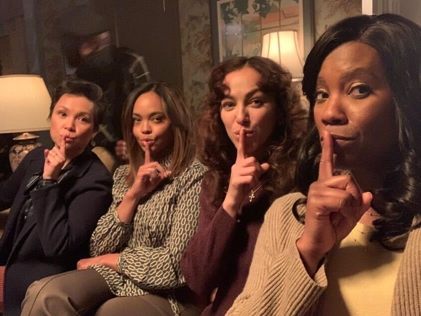 Zakiya Young (right) with other cast members on the set of “Pretty Little Liars: Original Sin”