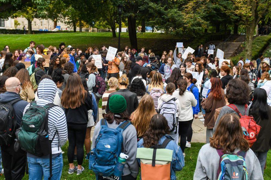 Students gather at a protest against sexual violence outside of the Cathedral of Learning Friday on Oct 7.
