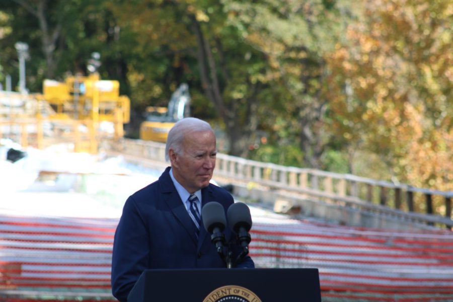 President Joe Biden speaks at the Fern Hollow Bridge on Thursday. 

